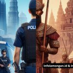 Gambar : Ilustrasi prajurit Bhayangkara zaman Majapahit berdiri gagah dengan latar kerajaan, berdampingan dengan sosok polisi modern