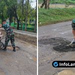 Foto : Babinsa Koramil Laren Perbaiki Jalan Berlubang di Desa Gampangsejati