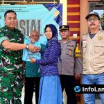 Foto : Danramil 081208 Sambeng, Kapten Inf Moh Jari bersama Camat Sambeng, Sukur, M.Pd. menyerahkan secara simbolis paket bantuan sembako kepada warga penerima manfaat.