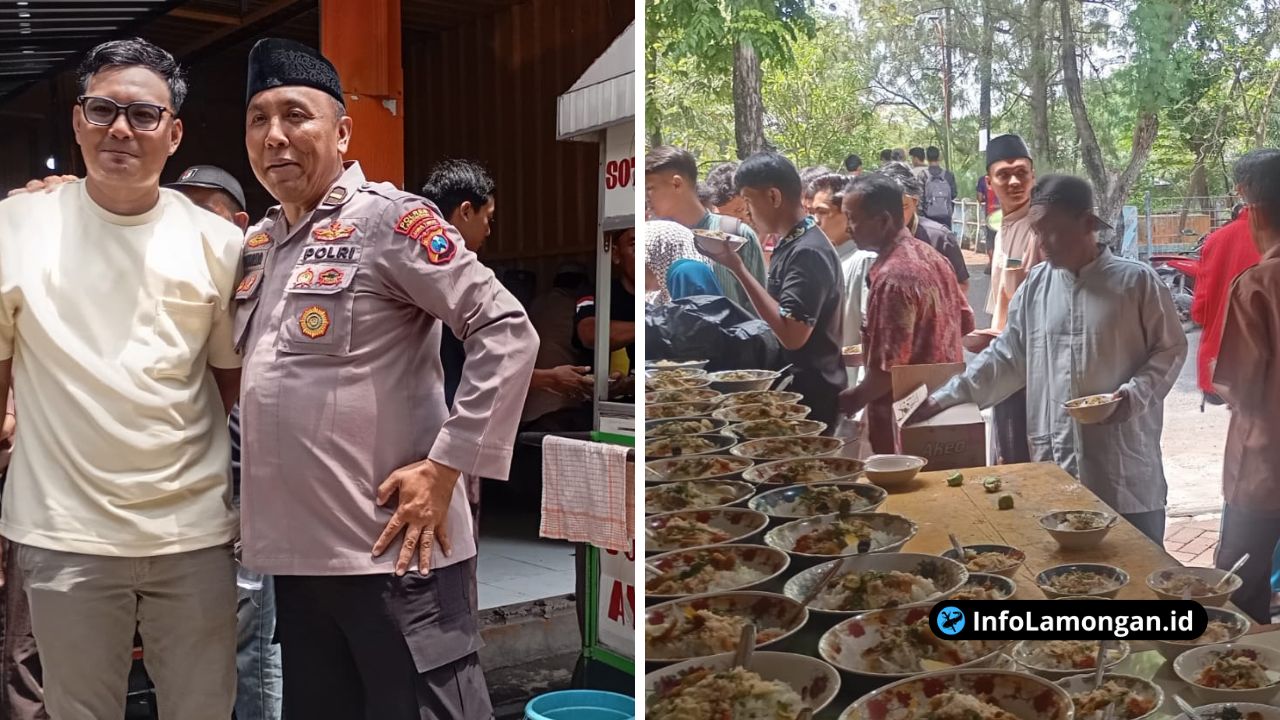 Foto : Ipda Purnomo dan Mas Lutfi CEO PT Sining Nusantara Raya menyerahkan bantuan soto kepada warga