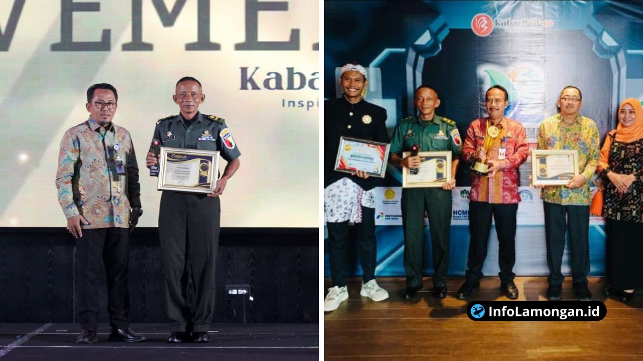 Foto : Pelda Duladi berdiri dengan bangga memegang piagam penghargaan Anugrah Sapta Aghita 2025 di atas panggung Janaloka Ballroom Surabaya