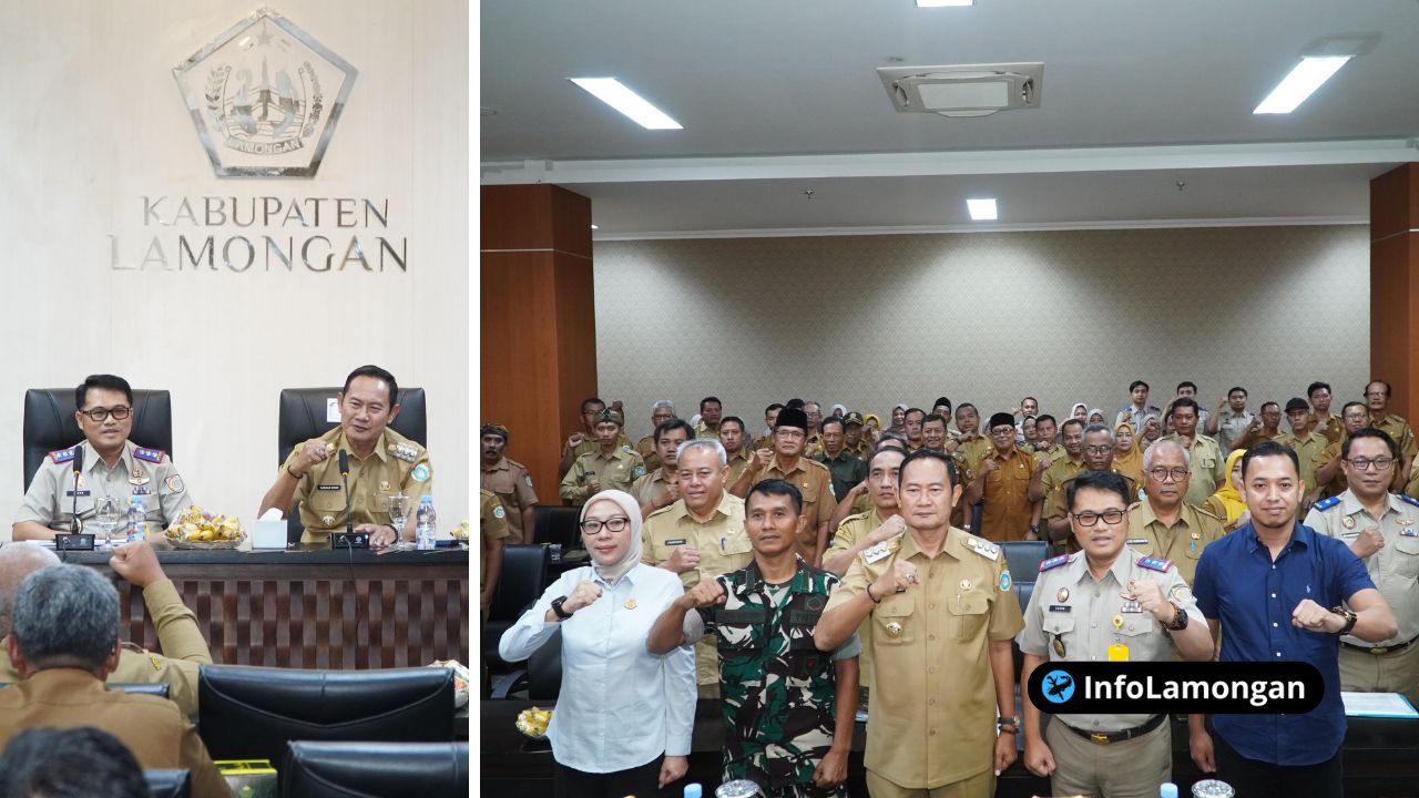 Foto : Bupati Lamongan Dr. H. Yuhronur Efendi, MBA, memberikan sambutan di depan podium dalam acara Sosialisasi PTSL di Ruang Airlangga, dengan latar belakang logo Pemkab Lamongan dan spanduk bertema PTSL