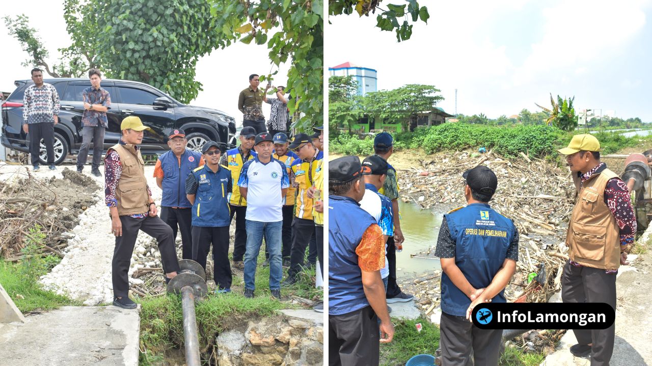 Foto : Bupati Lamongan Yuhronur Efendi dan Kepala BBWS Bengawan Solo Gatut Bayuaji berdialog di lokasi pekerjaan penguatan tanggul Kali Plalangan.