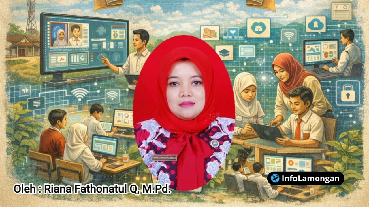 Gambar : Karikatur atau ilustrasi yang menggambarkan skala keseimbangan antara laptoptablet (simbol digitalisasi) dan buku cetak (simbol pedagogi konvensional), dengan latar belakang siluet ruang kelas.