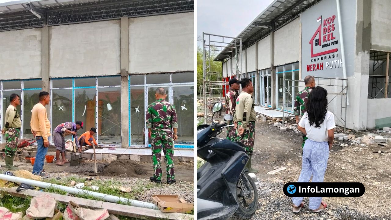 Foto : Letkol Inf Deni Suryo Anggo Digdo (Dandim) sedang memeriksa material atau struktur bangunan Koperasi Merah Putih di lokasi, didampingi perangkat desa.