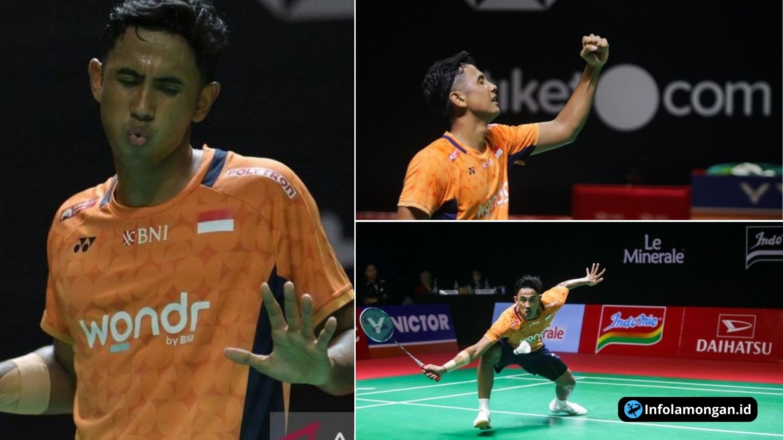 Alwi Farhan melakukan selebrasi setelah memastikan tempat di final Indonesia Masters 2026 di Istora Senayan, Jakarta.