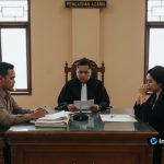 ruang sidang pengadilan dengan hakim, panitera, dan dua pihak yang berperkara Foto : ruang sidang pengadilan dengan hakim, panitera, dan dua pihak yang berperkara