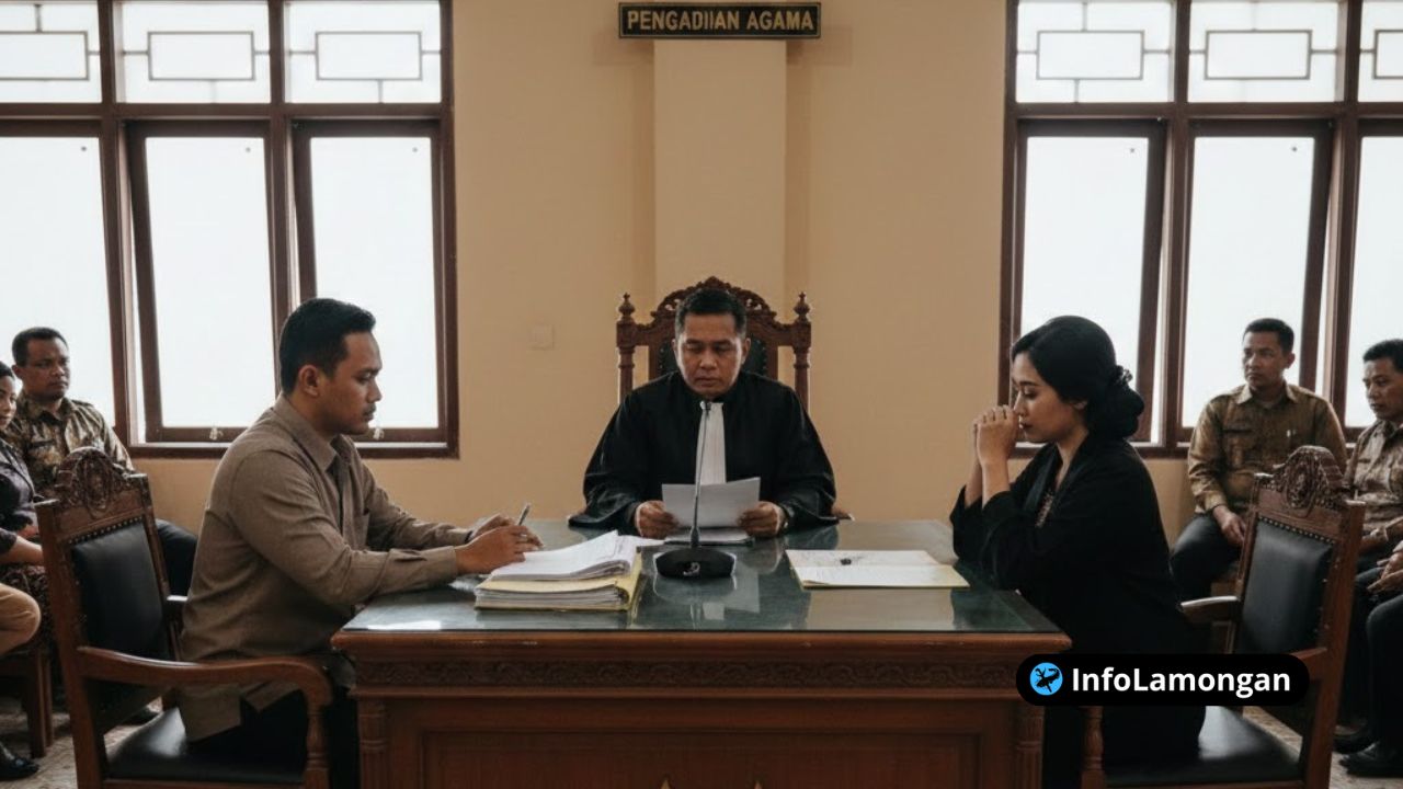 Foto : ruang sidang pengadilan dengan hakim, panitera, dan dua pihak yang berperkara