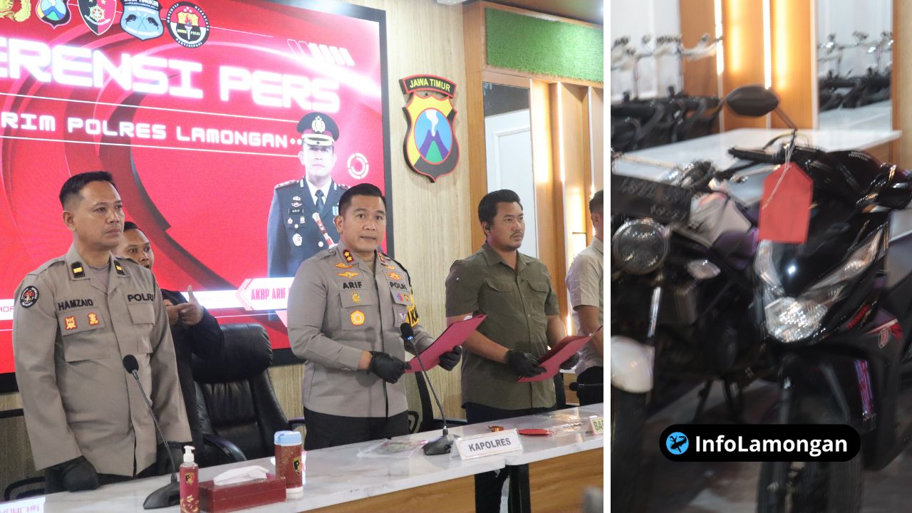 Foto : Barang bukti satu unit motor Honda Beat warna hitam hasil curian yang telah diamankan di Mapolres Lamongan.