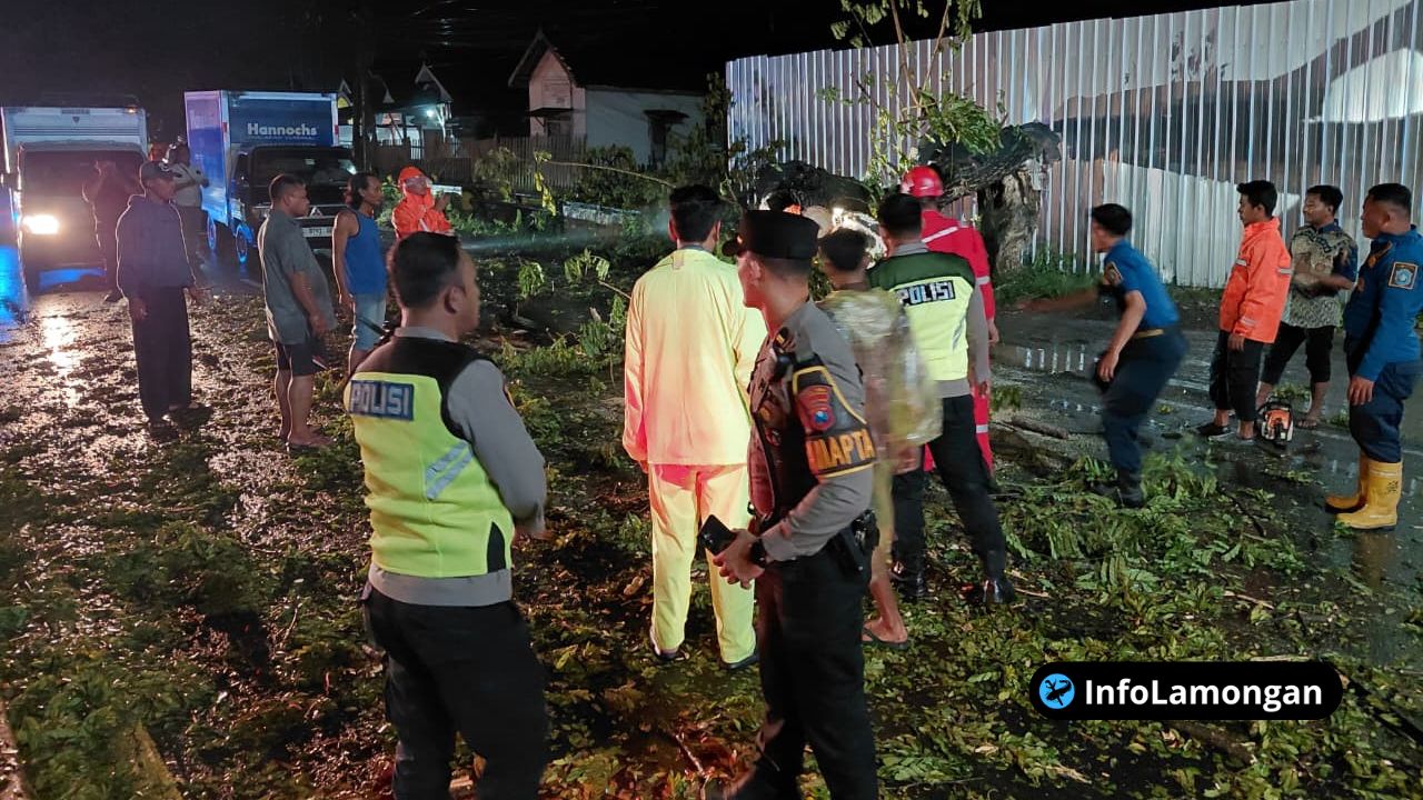 Foto : Personel gabungan Polres Lamongan dan warga bahu-membahu memotong ranting pohon .