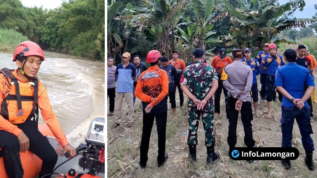 Foto : Personel gabungan TNI, Polisi, dan BPBD bersiap melakukan penyisiran di tepian Sungai Lamong, Desa Kreterangon.