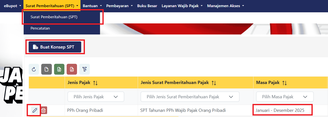 Screenshot antarmuka menu utama Coretax dengan tombol "Surat Pemberitahuan (SPT)" dan "Buat Konsep SPT" yang dilingkari.