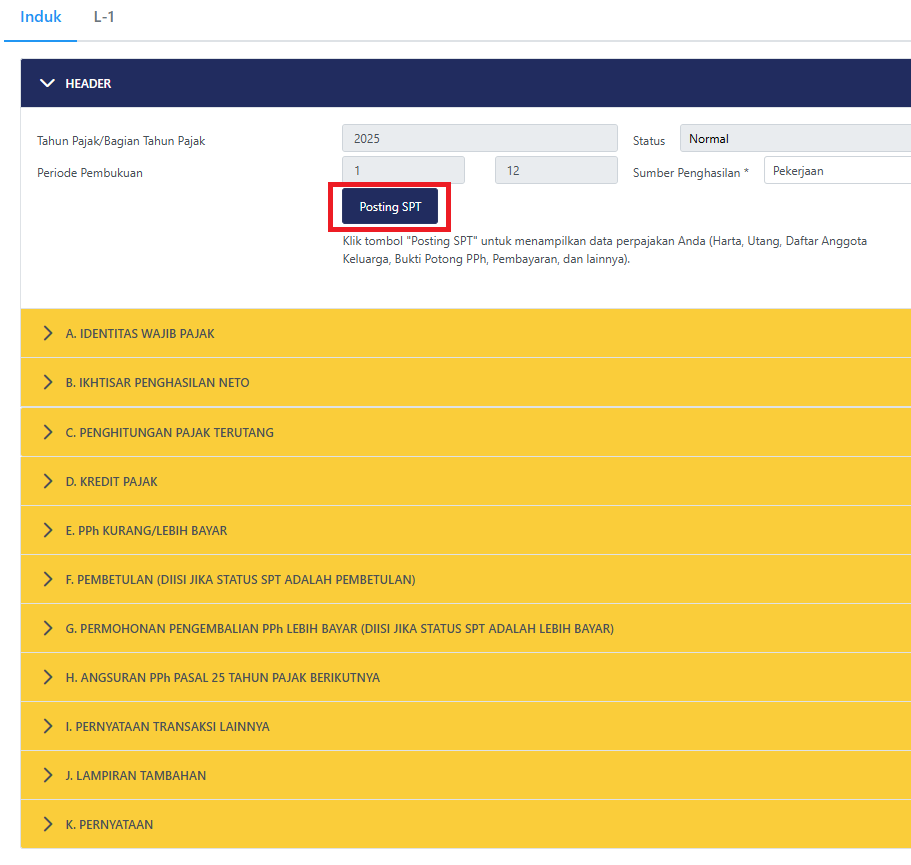 Screenshot bagian Induk SPT, Bagian C (Perhitungan Pajak Terutang) yang menunjukkan opsi PTKP (TK/0, K/0, K/1) dan tombol "Posting SPT".