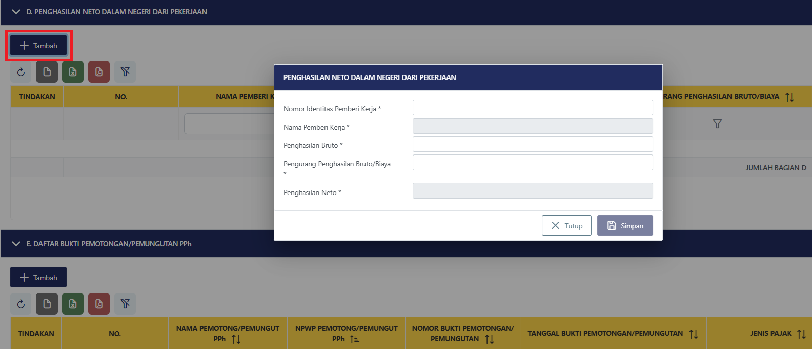 Screenshot Formulir Lampiran L-1 Bagian A yang sedang diisi, menunjukkan kolom jenis harta, keterangan, dan nilai.